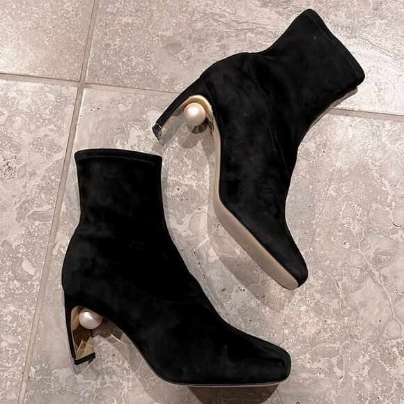 Nicholas Kirkwood Maeva Faux Pearl Stretch Booties in Black, New, Size 38.5